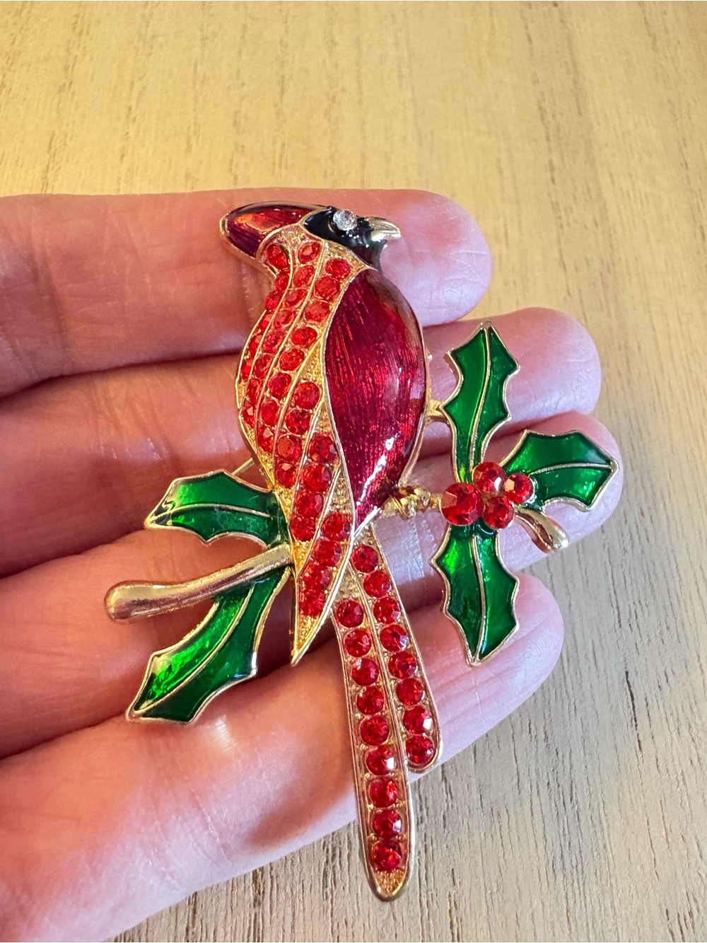 Gold-Tone Red Parrot Brooch with Green Enamel Accents